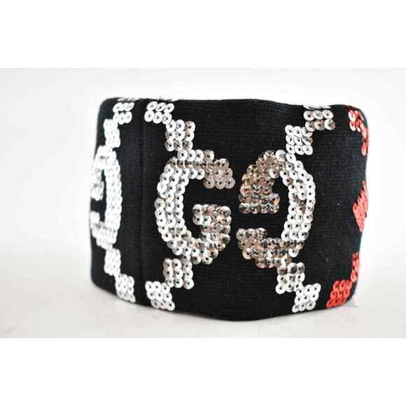 Gucci Black Sequin Silver Red GG Logo Wool Stretchy Headband Hair Small 56cm - Picture 8 of 10